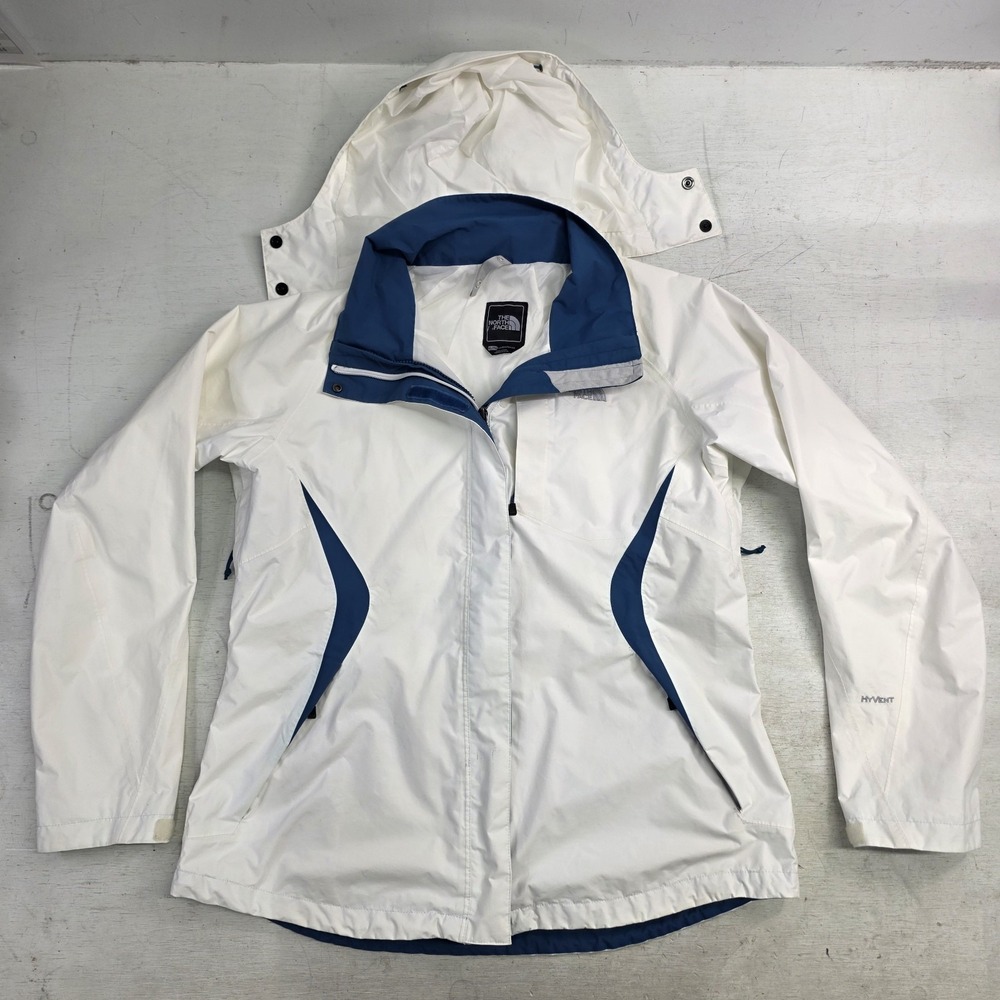 The North Face Women's XL HyVent Zip Hooded Rain Jacket VGC White Blue Read Desc